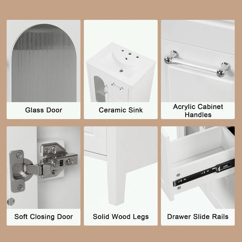 Meuble-lavabo gris/blanc avec lavabo en céramique, 2 tiroirs et une porte