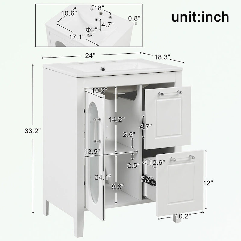 Meuble-lavabo gris/blanc avec lavabo en céramique, 2 tiroirs et une porte