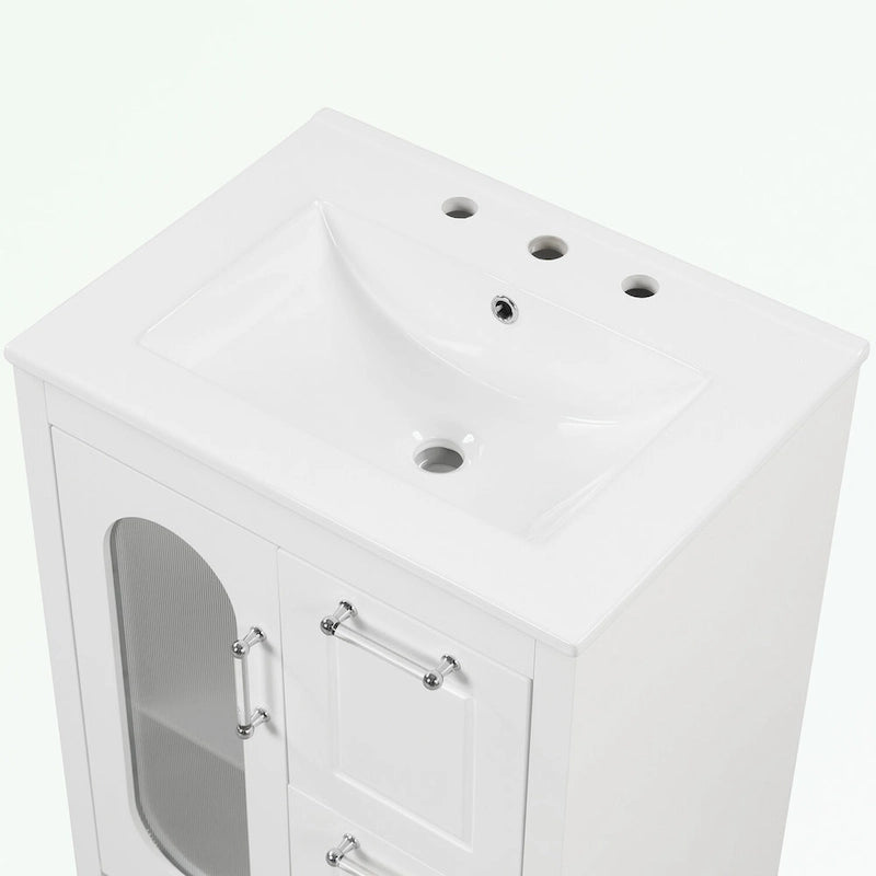 Meuble-lavabo gris/blanc avec lavabo en céramique, 2 tiroirs et une porte