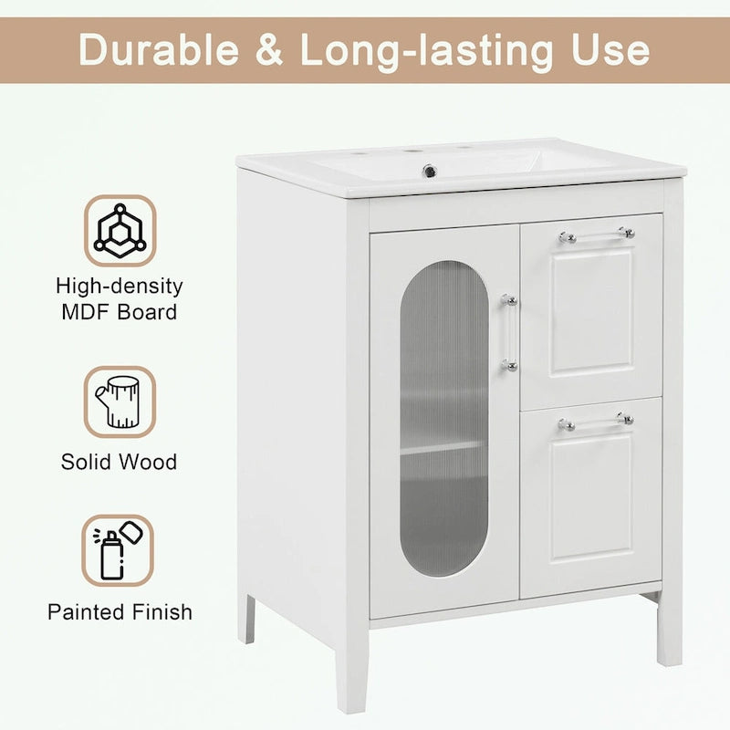 Meuble-lavabo gris/blanc avec lavabo en céramique, 2 tiroirs et une porte