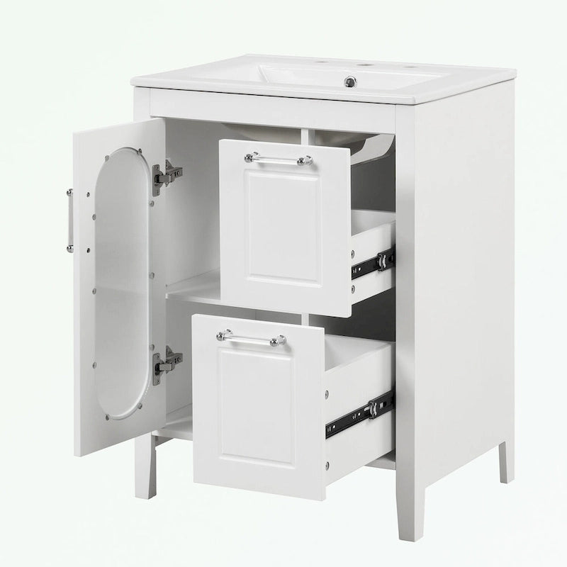 Meuble-lavabo gris/blanc avec lavabo en céramique, 2 tiroirs et une porte