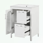 Meuble-lavabo gris/blanc avec lavabo en céramique, 2 tiroirs et une porte