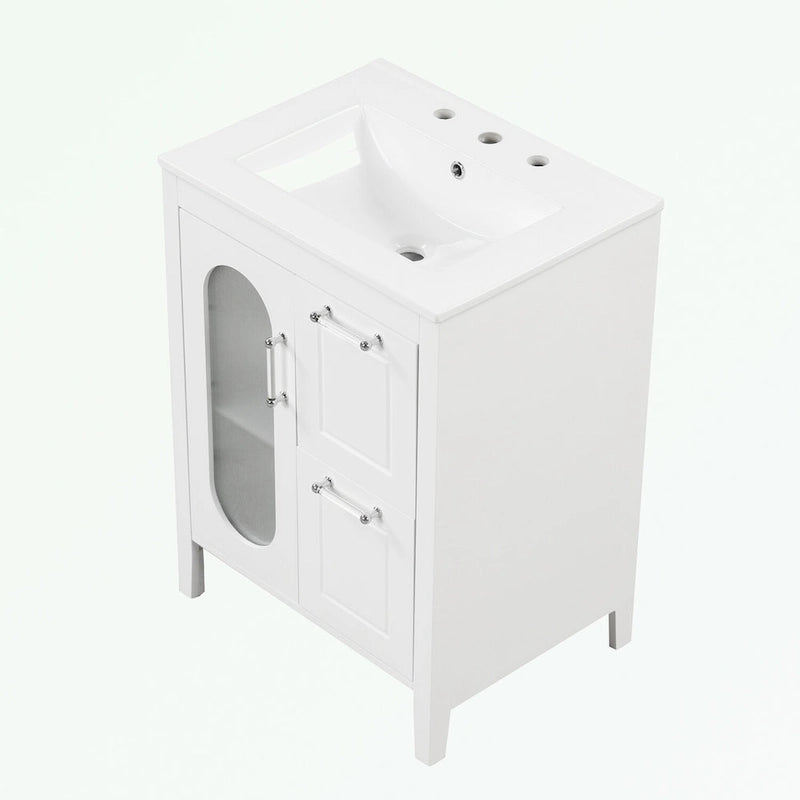 Meuble-lavabo gris/blanc avec lavabo en céramique, 2 tiroirs et une porte