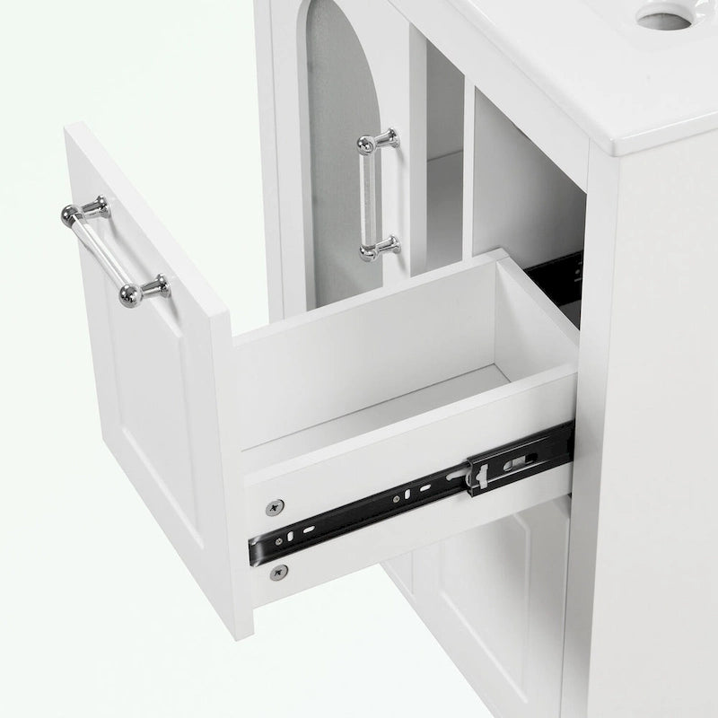 Meuble-lavabo gris/blanc avec lavabo en céramique, 2 tiroirs et une porte