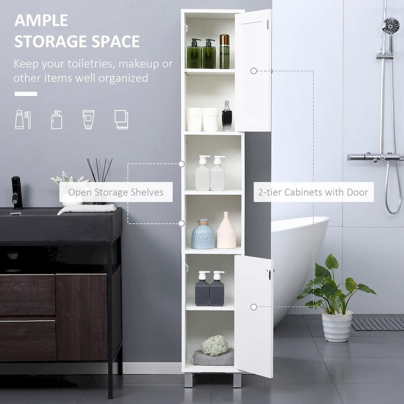 Tour de rangement haute de salle de bain en panneau de particules blanc avec porte miroir, 2 armoires et 2 étagères ouvertes