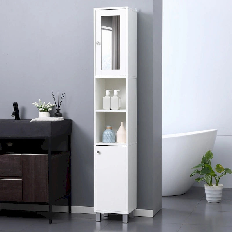 Tour de rangement haute de salle de bain en panneau de particules blanc avec porte miroir, 2 armoires et 2 étagères ouvertes