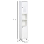 Tour de rangement haute de salle de bain en panneau de particules blanc avec porte miroir, 2 armoires et 2 étagères ouvertes