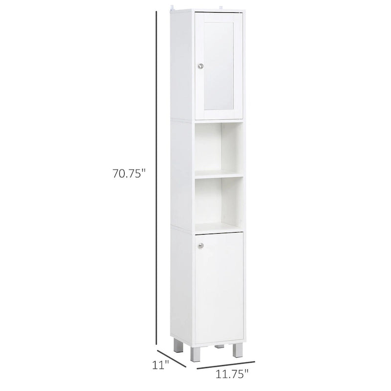 Tour de rangement haute de salle de bain en panneau de particules blanc avec porte miroir, 2 armoires et 2 étagères ouvertes