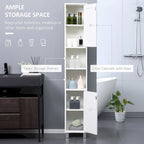 Tour de rangement haute de salle de bain en panneau de particules blanc avec porte miroir, 2 armoires et 2 étagères ouvertes