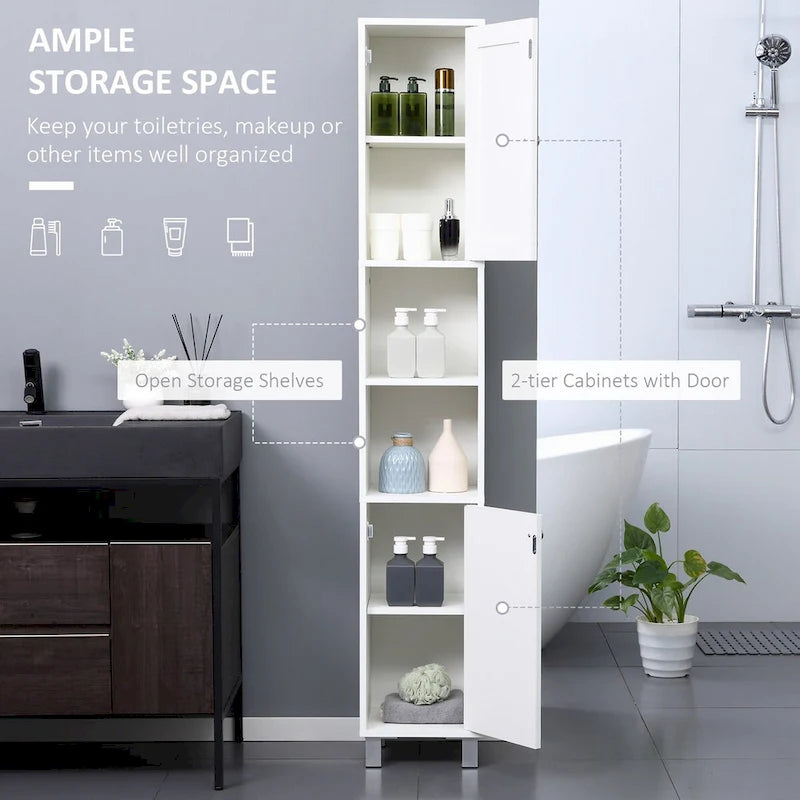 Tour de rangement haute de salle de bain en panneau de particules blanc avec porte miroir, 2 armoires et 2 étagères ouvertes