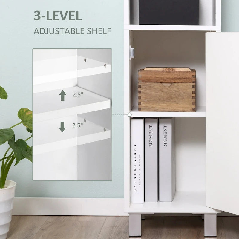 Tour de rangement haute de salle de bain en panneau de particules blanc avec porte miroir, 2 armoires et 2 étagères ouvertes
