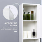 Tour de rangement haute de salle de bain en panneau de particules blanc avec porte miroir, 2 armoires et 2 étagères ouvertes