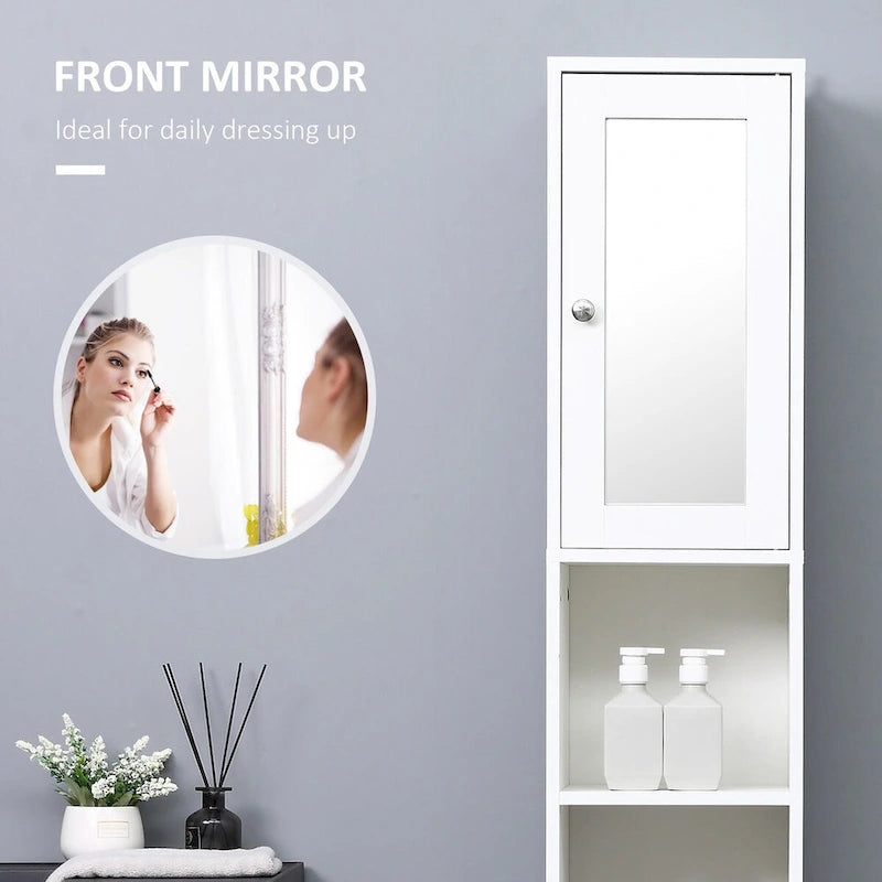 Tour de rangement haute de salle de bain en panneau de particules blanc avec porte miroir, 2 armoires et 2 étagères ouvertes