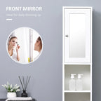 Tour de rangement haute de salle de bain en panneau de particules blanc avec porte miroir, 2 armoires et 2 étagères ouvertes