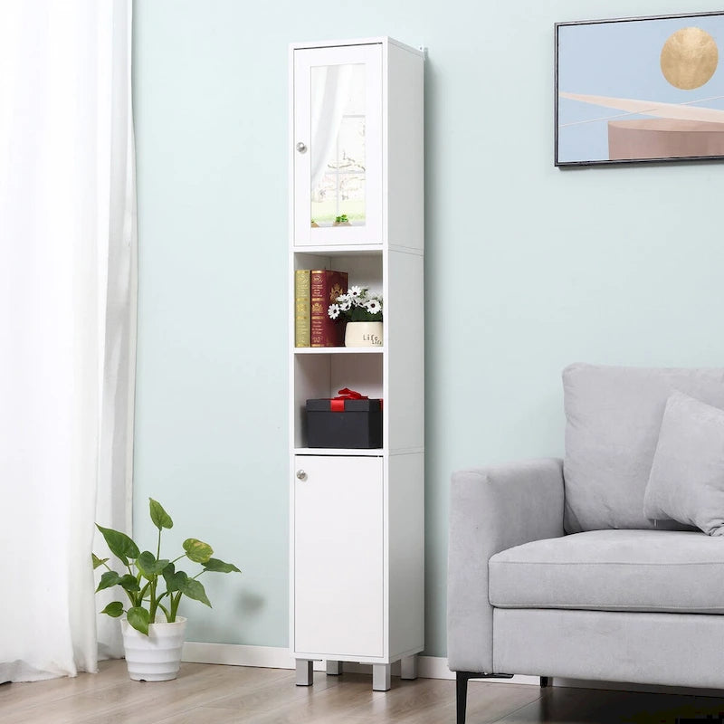 Tour de rangement haute de salle de bain en panneau de particules blanc avec porte miroir, 2 armoires et 2 étagères ouvertes