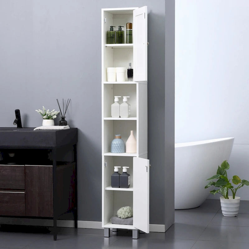 Tour de rangement haute de salle de bain en panneau de particules blanc avec porte miroir, 2 armoires et 2 étagères ouvertes