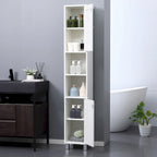Tour de rangement haute de salle de bain en panneau de particules blanc avec porte miroir, 2 armoires et 2 étagères ouvertes