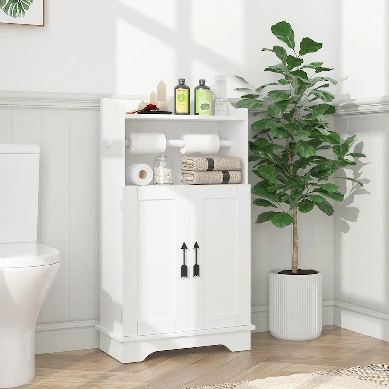Meuble bas de salle de bain en MDF blanc avec 2 portes et porte-rouleau de papier toilette