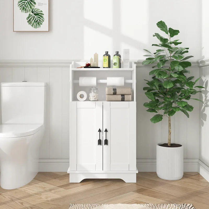 Meuble bas de salle de bain en MDF blanc avec 2 portes et porte-rouleau de papier toilette