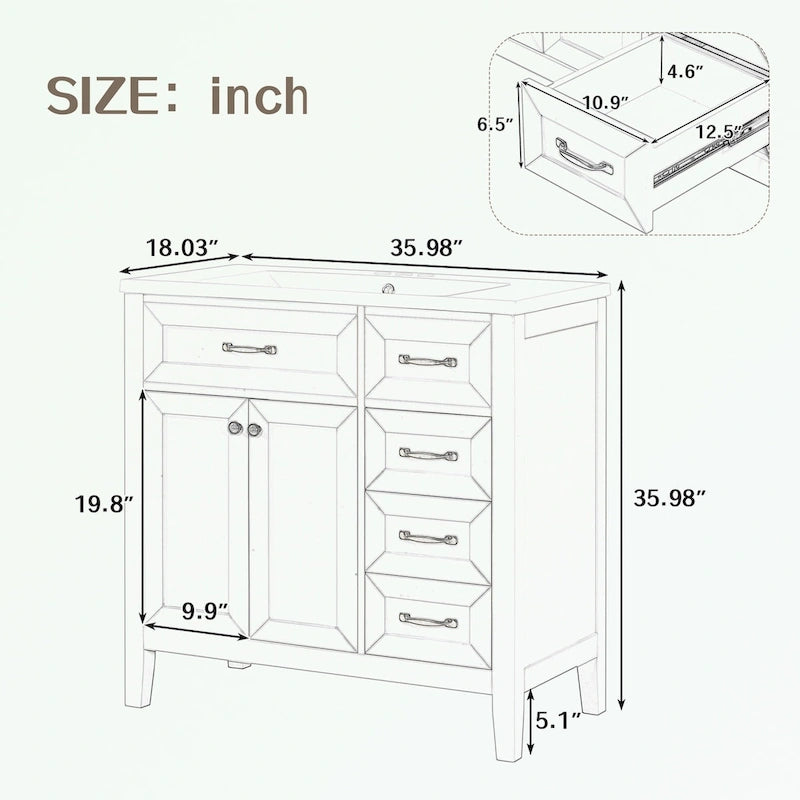 Meuble-lavabo de salle de bain 36 po en bois d'hévéa gris/blanc/noir avec évier en céramique, armoire à 2 portes et 3 tiroirs