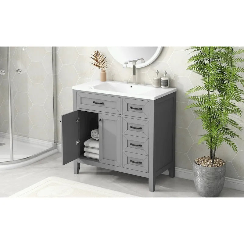 Meuble-lavabo de salle de bain 36 po en bois d'hévéa gris/blanc/noir avec évier en céramique, armoire à 2 portes et 3 tiroirs