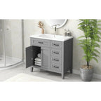 Meuble-lavabo de salle de bain 36 po en bois d'hévéa gris/blanc/noir avec évier en céramique, armoire à 2 portes et 3 tiroirs