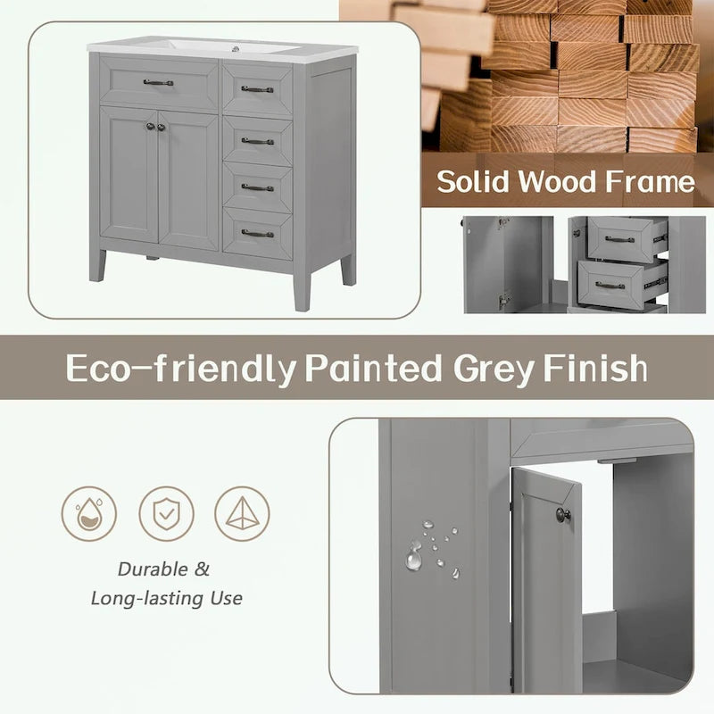 Meuble-lavabo de salle de bain 36 po en bois d'hévéa gris/blanc/noir avec évier en céramique, armoire à 2 portes et 3 tiroirs