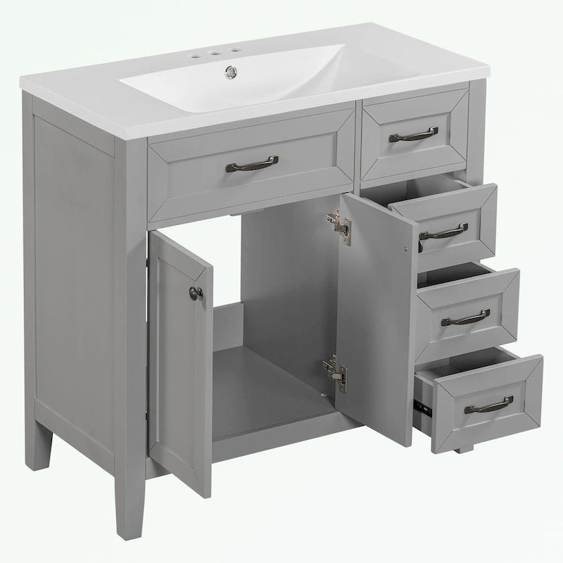 Meuble-lavabo de salle de bain 36 po en bois d'hévéa gris/blanc/noir avec évier en céramique, armoire à 2 portes et 3 tiroirs