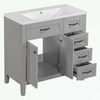 Meuble-lavabo de salle de bain 36 po en bois d'hévéa gris/blanc/noir avec évier en céramique, armoire à 2 portes et 3 tiroirs