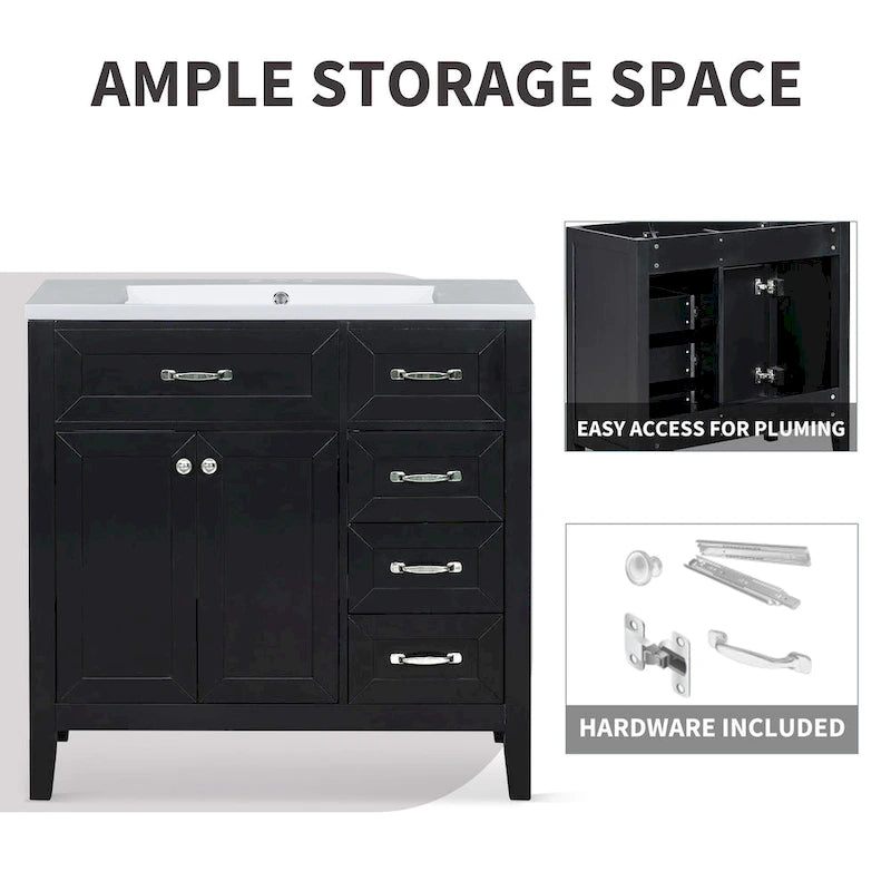 Meuble-lavabo de salle de bain 36 po en bois d'hévéa gris/blanc/noir avec évier en céramique, armoire à 2 portes et 3 tiroirs