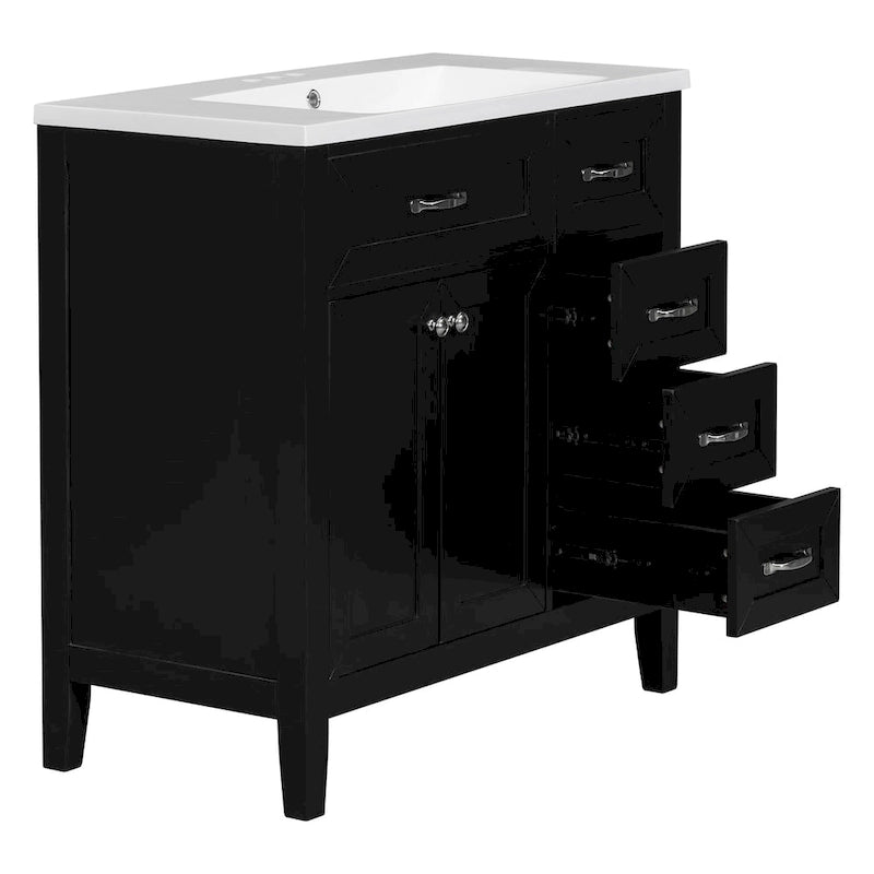 Meuble-lavabo de salle de bain 36 po en bois d'hévéa gris/blanc/noir avec évier en céramique, armoire à 2 portes et 3 tiroirs