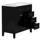 Meuble-lavabo de salle de bain 36 po en bois d'hévéa gris/blanc/noir avec évier en céramique, armoire à 2 portes et 3 tiroirs