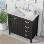 Meuble-lavabo de salle de bain 36 po en bois d'hévéa gris/blanc/noir avec évier en céramique, armoire à 2 portes et 3 tiroirs
