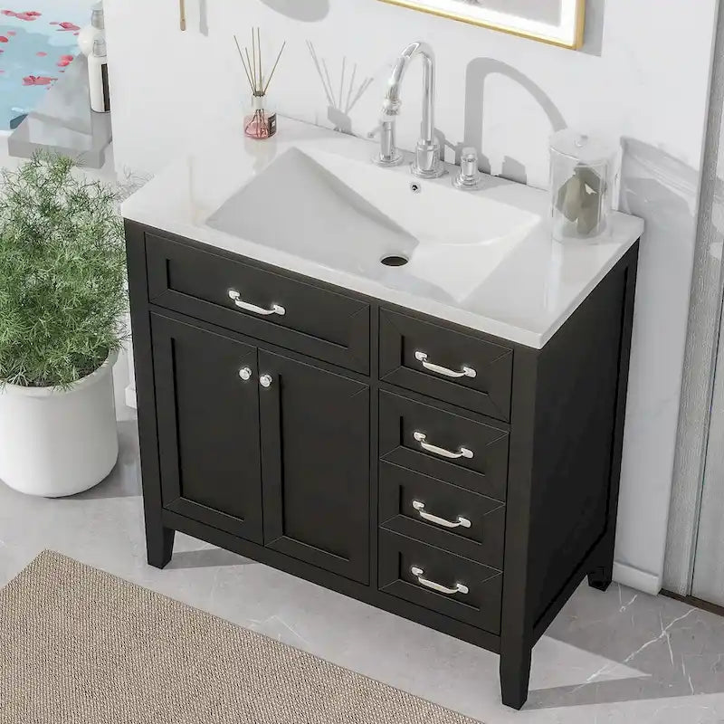 Meuble-lavabo de salle de bain 36 po en bois d'hévéa gris/blanc/noir avec évier en céramique, armoire à 2 portes et 3 tiroirs