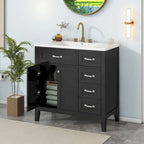 Meuble-lavabo de salle de bain 36 po en bois d'hévéa gris/blanc/noir avec évier en céramique, armoire à 2 portes et 3 tiroirs