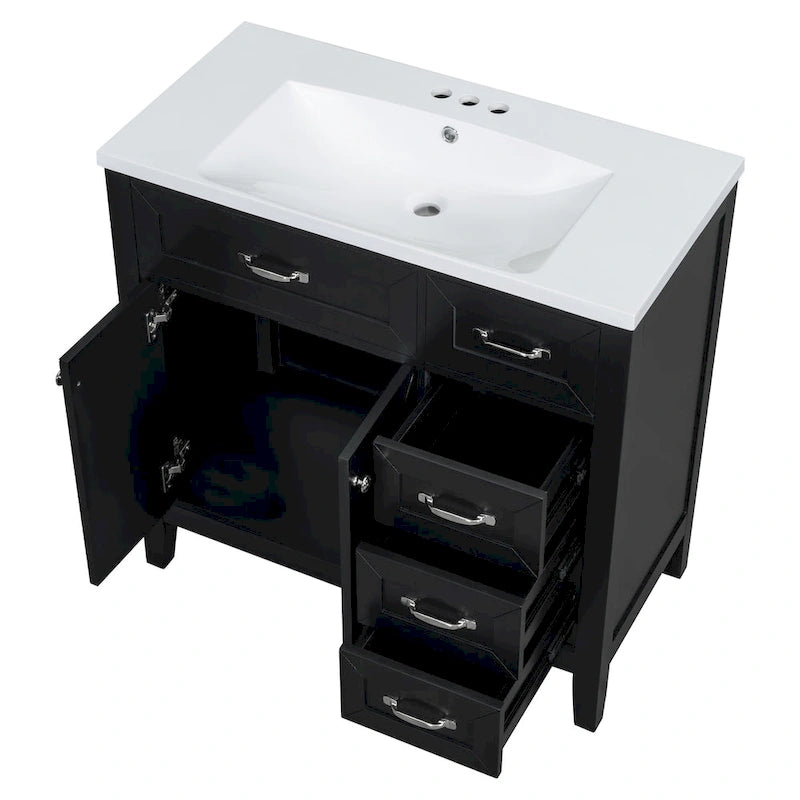 Meuble-lavabo de salle de bain 36 po en bois d'hévéa gris/blanc/noir avec évier en céramique, armoire à 2 portes et 3 tiroirs