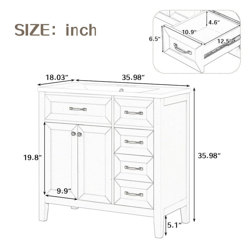 Meuble-lavabo de salle de bain 36 po en bois d'hévéa gris/blanc/noir avec évier en céramique, armoire à 2 portes et 3 tiroirs