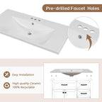 Meuble-lavabo de salle de bain 36 po en bois d'hévéa gris/blanc/noir avec évier en céramique, armoire à 2 portes et 3 tiroirs
