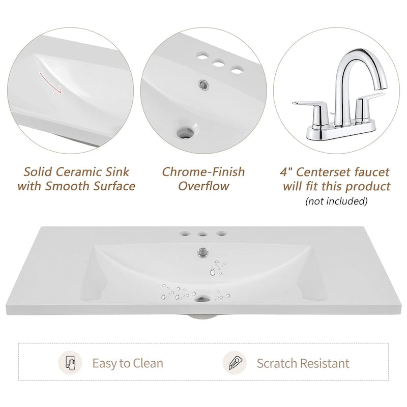 Meuble-lavabo de salle de bain 36 po en bois d'hévéa gris/blanc/noir avec évier en céramique, armoire à 2 portes et 3 tiroirs