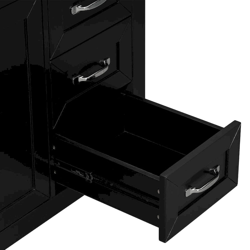 Meuble-lavabo de salle de bain 36 po en bois d'hévéa gris/blanc/noir avec évier en céramique, armoire à 2 portes et 3 tiroirs