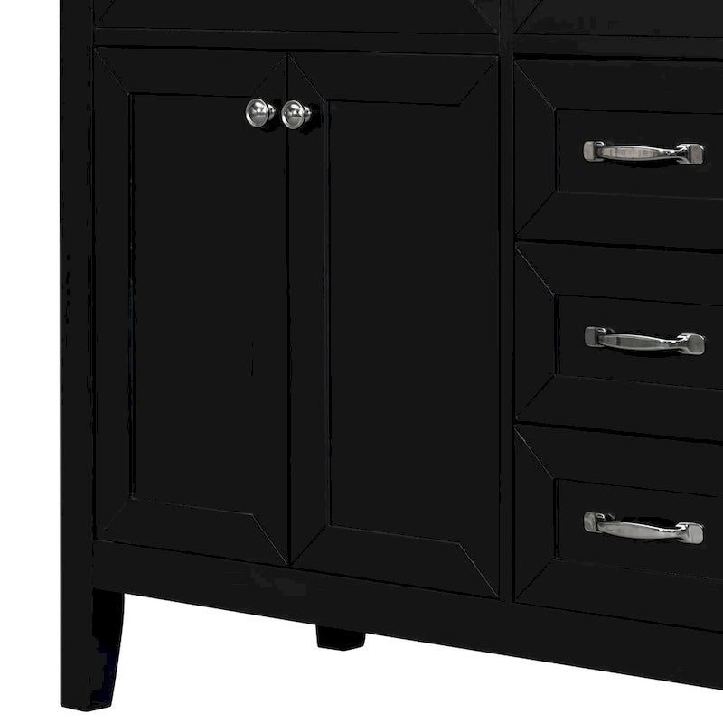 Meuble-lavabo de salle de bain 36 po en bois d'hévéa gris/blanc/noir avec évier en céramique, armoire à 2 portes et 3 tiroirs