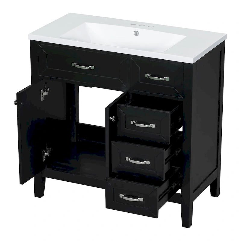 Meuble-lavabo de salle de bain 36 po en bois d'hévéa gris/blanc/noir avec évier en céramique, armoire à 2 portes et 3 tiroirs