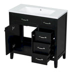Meuble-lavabo de salle de bain 36 po en bois d'hévéa gris/blanc/noir avec évier en céramique, armoire à 2 portes et 3 tiroirs