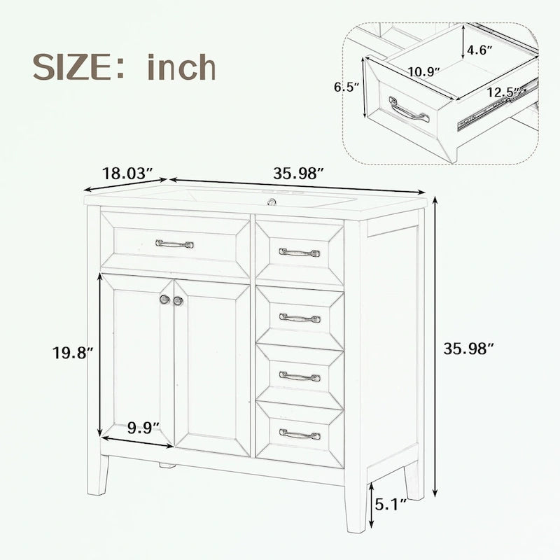Meuble-lavabo de salle de bain 36 po en bois d'hévéa gris/blanc/noir avec évier en céramique, armoire à 2 portes et 3 tiroirs