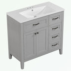 Meuble-lavabo de salle de bain 36 po en bois d'hévéa gris/blanc/noir avec évier en céramique, armoire à 2 portes et 3 tiroirs