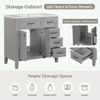 Meuble-lavabo de salle de bain 36 po en bois d'hévéa gris/blanc/noir avec évier en céramique, armoire à 2 portes et 3 tiroirs