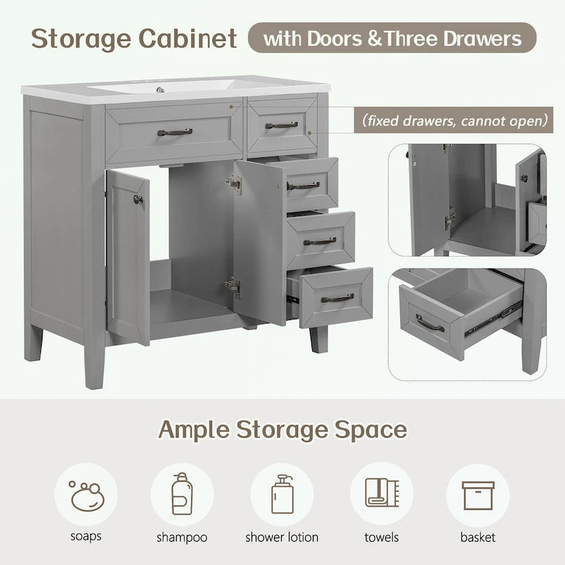 Meuble-lavabo de salle de bain 36 po en bois d'hévéa gris/blanc/noir avec évier en céramique, armoire à 2 portes et 3 tiroirs