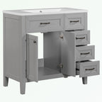 Meuble-lavabo de salle de bain 36 po en bois d'hévéa gris/blanc/noir avec évier en céramique, armoire à 2 portes et 3 tiroirs