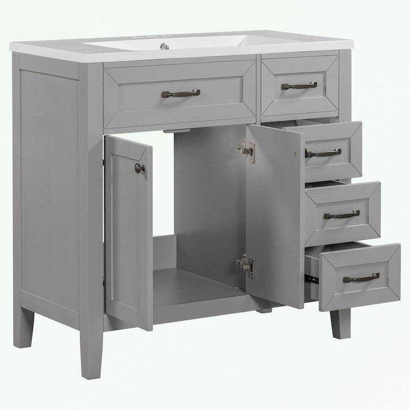 Meuble-lavabo de salle de bain 36 po en bois d'hévéa gris/blanc/noir avec évier en céramique, armoire à 2 portes et 3 tiroirs