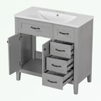 Meuble-lavabo de salle de bain 36 po en bois d'hévéa gris/blanc/noir avec évier en céramique, armoire à 2 portes et 3 tiroirs